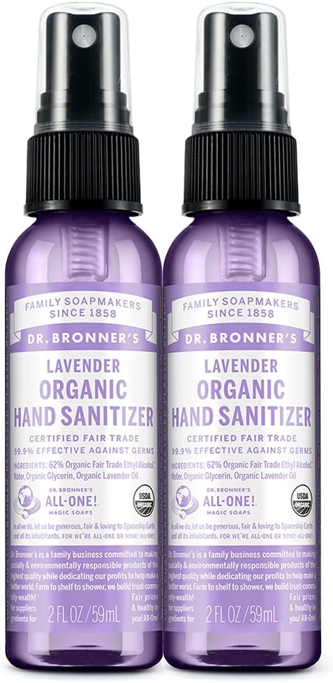 Bronner博士的——有机手卫生喷洒剂(Lavender, 2 Ounce, 2-Pack)——简单有效的公式,清洁剂和卫生剂,没有哈什化学品,摩擦剂和清洁剂手