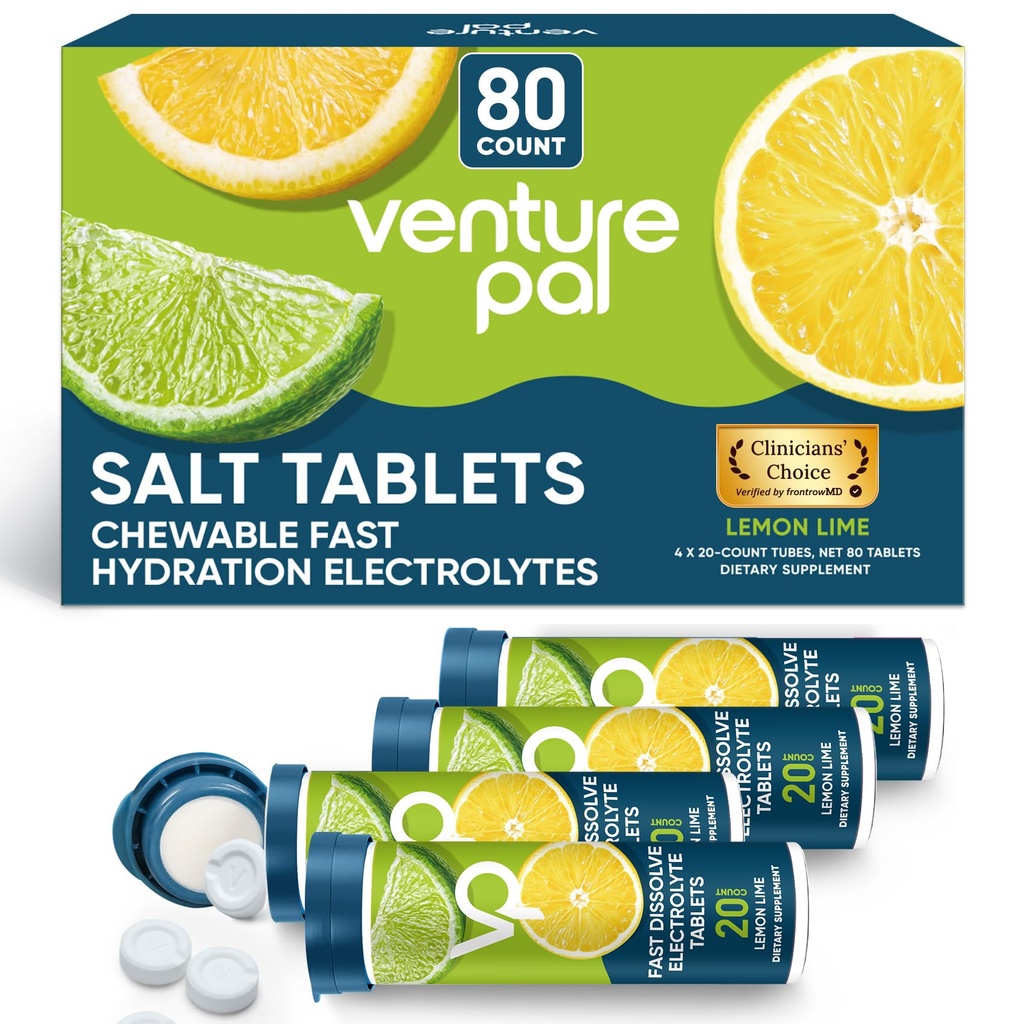 Venture Pal Chewable Electrolyte 板块,80 Counter-Disolve Fast-Disolve 糖无糖棒盐板块 - 快速水分的品种包,户外跑步,徒步,体育 QQ Keto & Vegan 友好 QQ 4 Pack