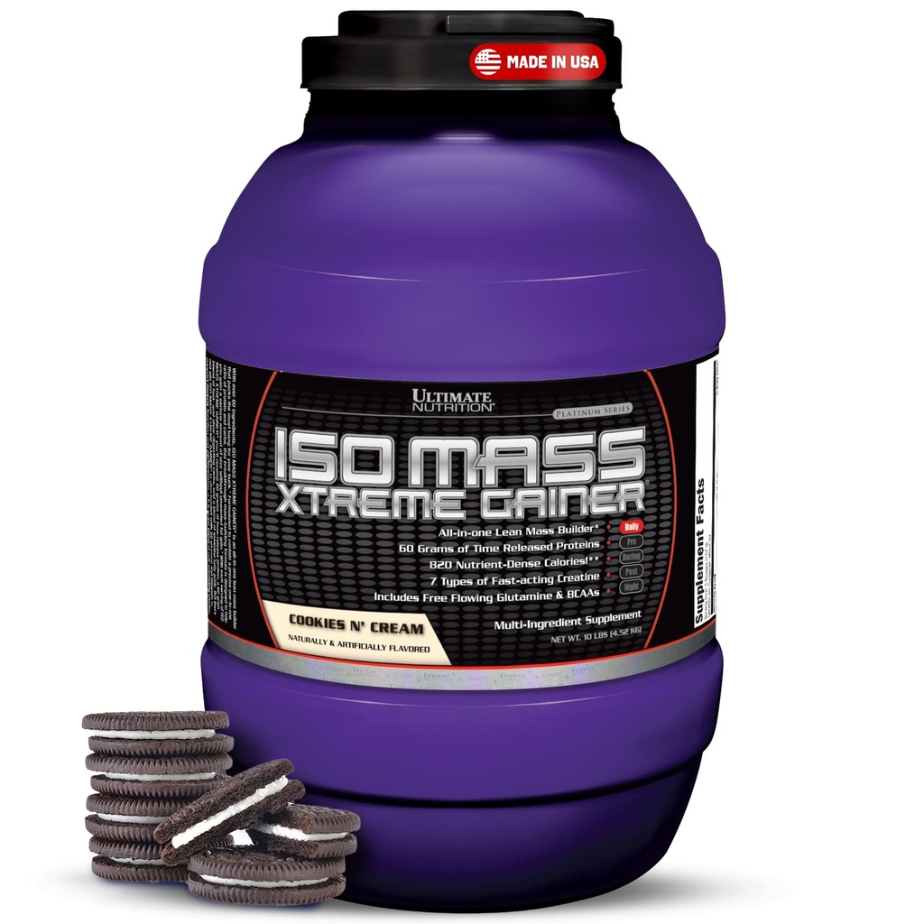 超营养 ISO Mass Xtreme Gainer - 高卡路里质量Gainer 配有Creatine & Whey 隔热蛋白粉换重量增益,Lean肌肉弥撒,大块增量 - 饼干 N Cream, 10升bs