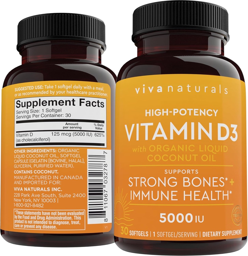D3 维生素5000 IU 软胶(125 mcg),30 Softgels - 高概率维生素D 健康免疫功能,骨骼和肌肉-用有机液体椰油制成