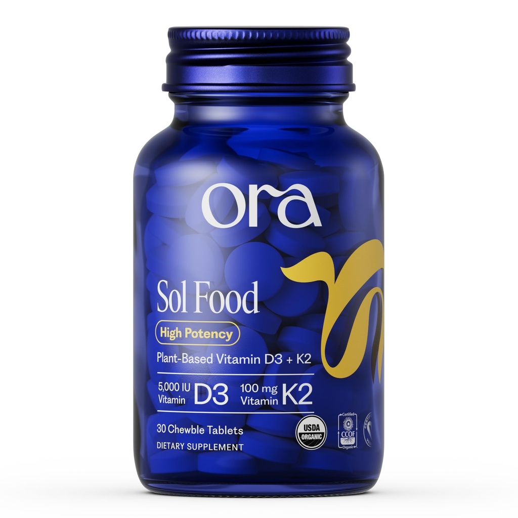 Ora 有机维生素D3 5000IU + K2 - 来自Lichen和Chickpeas的维根维生素D 用于骨骼健康,免疫支持,和混合,最大吸收 - 1个月供应,30块可切片