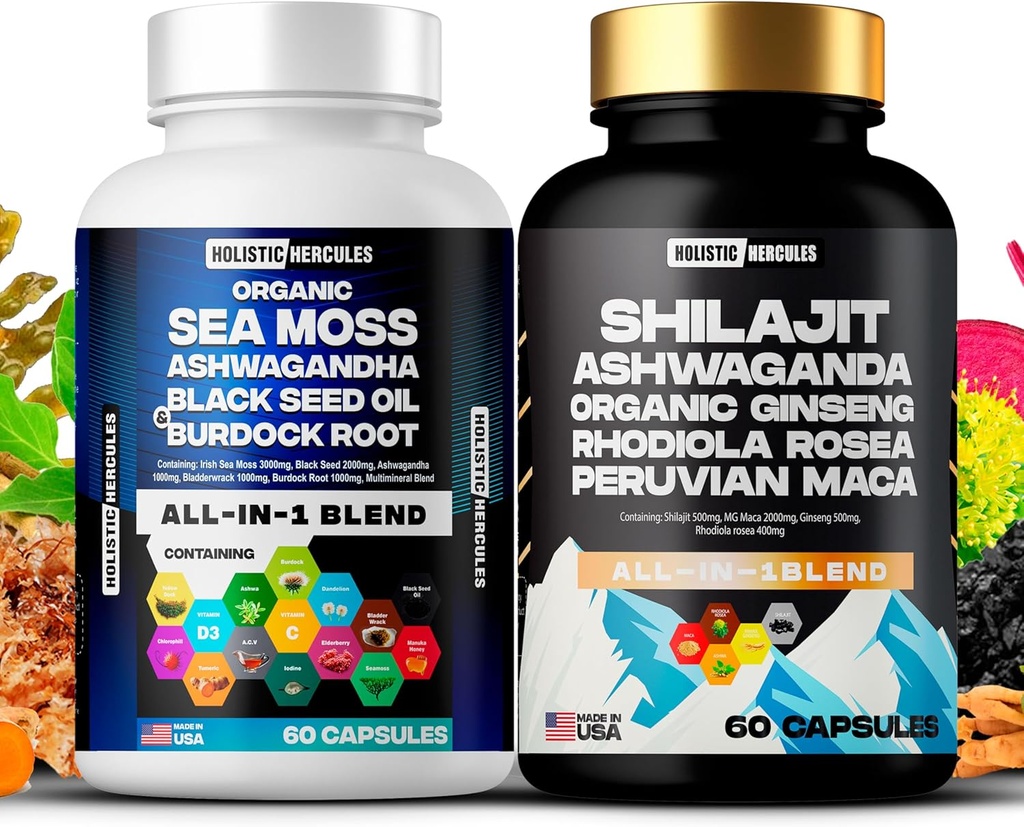 全貌的大力士经典Combo Bundle - Sea Moss 3000mg, 黑种子 2000mg, Ashwagandha 1000mg, Shilajit 5000mg, Panax Ginseng 1500mg, 秘鲁 Maca 2000mg, 全为 1 个补充包