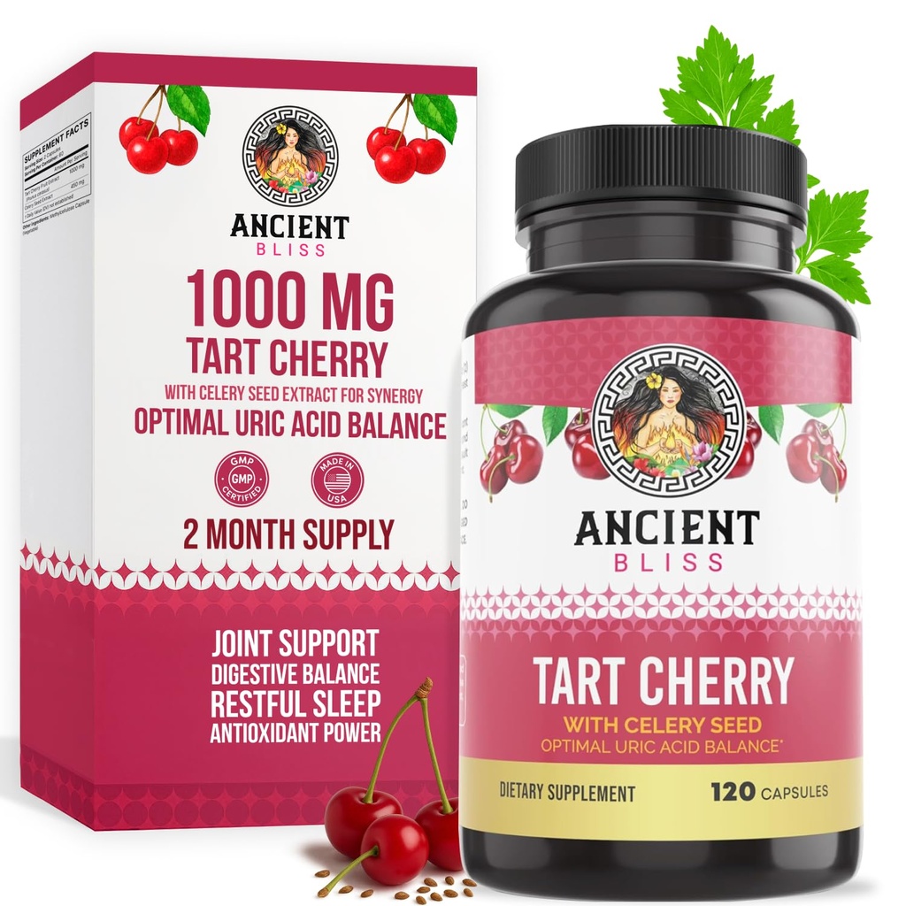 古代Bliss Tart Cherry Capsules,炎症和男女联合支助补编,Tart Cherry 支持文摘、睡眠和生命力补编(120 Capsules)