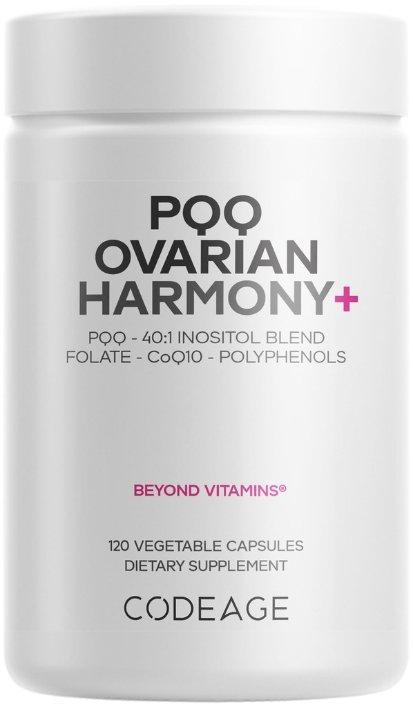 编码 PQQ 有机和谐+ 补编 - PQQ(皮尔罗切诺琳·奎诺内), Myo-Inositol & D-Chiro-Inositol 40:1 混合,Folate 5-MTHF, CoQ10,野蓝莓 - Liposomal 交付 - 非GMO - 120 胶囊