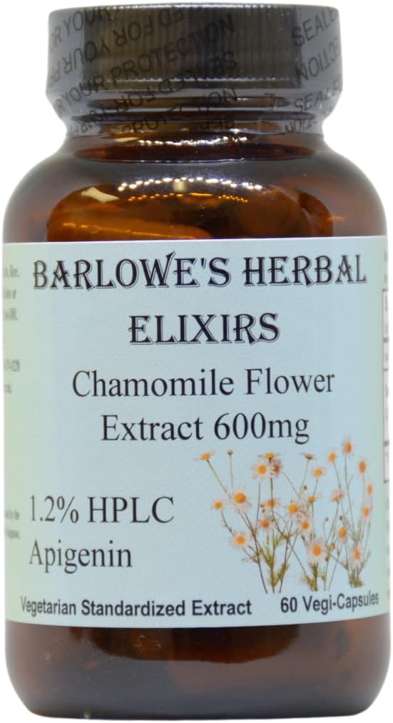 Barlowe)的草药 Elixirs 香蜜酒花序 | 德国香蜜酒补充品 Matriciaria Chamomilla | 1.2% Apigenin | 600 mg / Capsule | 60 Vegi Capsules | Feterarat | Glass瓶