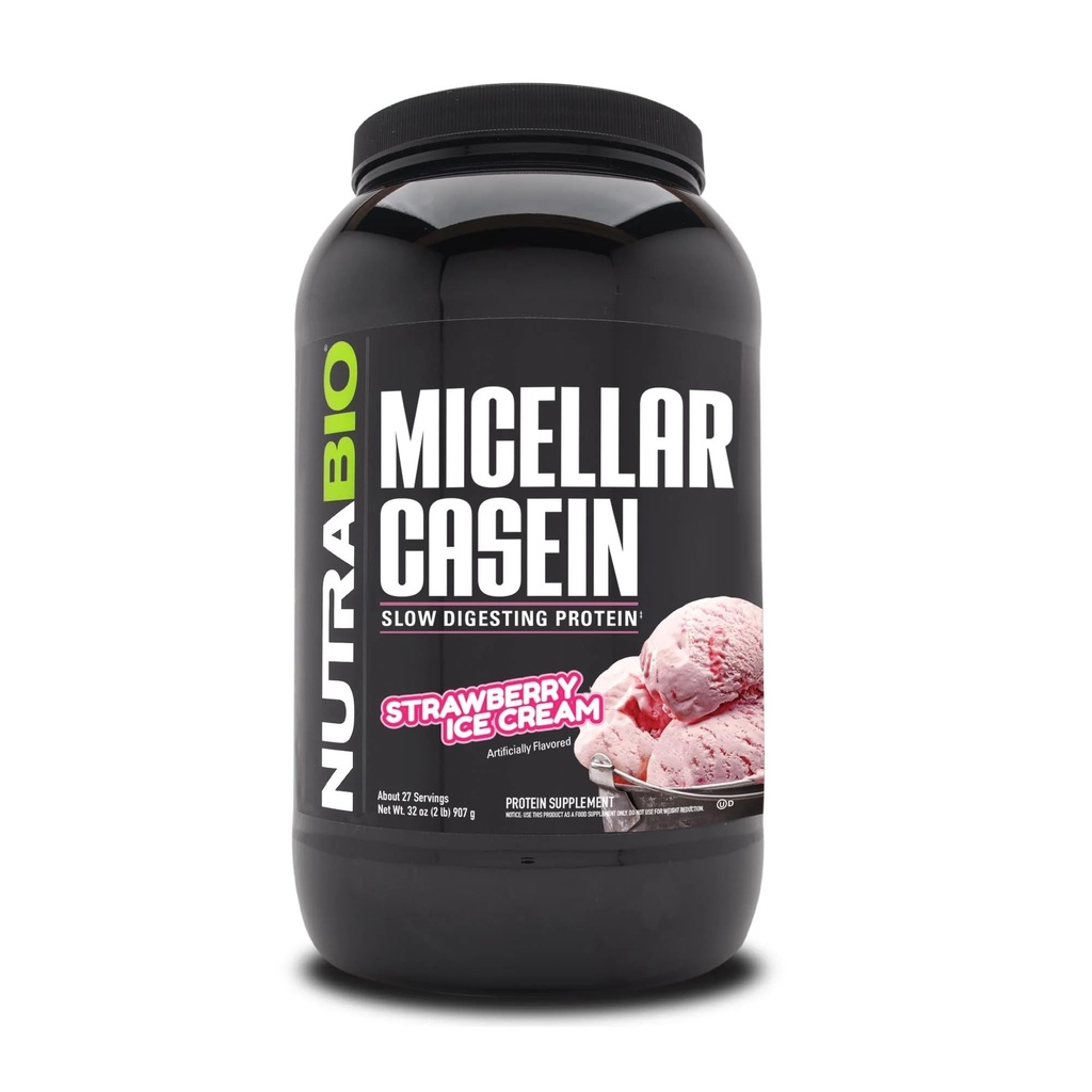 NutraBio casein蛋白粉、Micellar Casien Powder、25g 慢消化蛋白、帮助保持你完整、超夜肌肉恢复与生长、BCAA和EAA、Gluten Free、Soy Free、2lb草莓冰激素