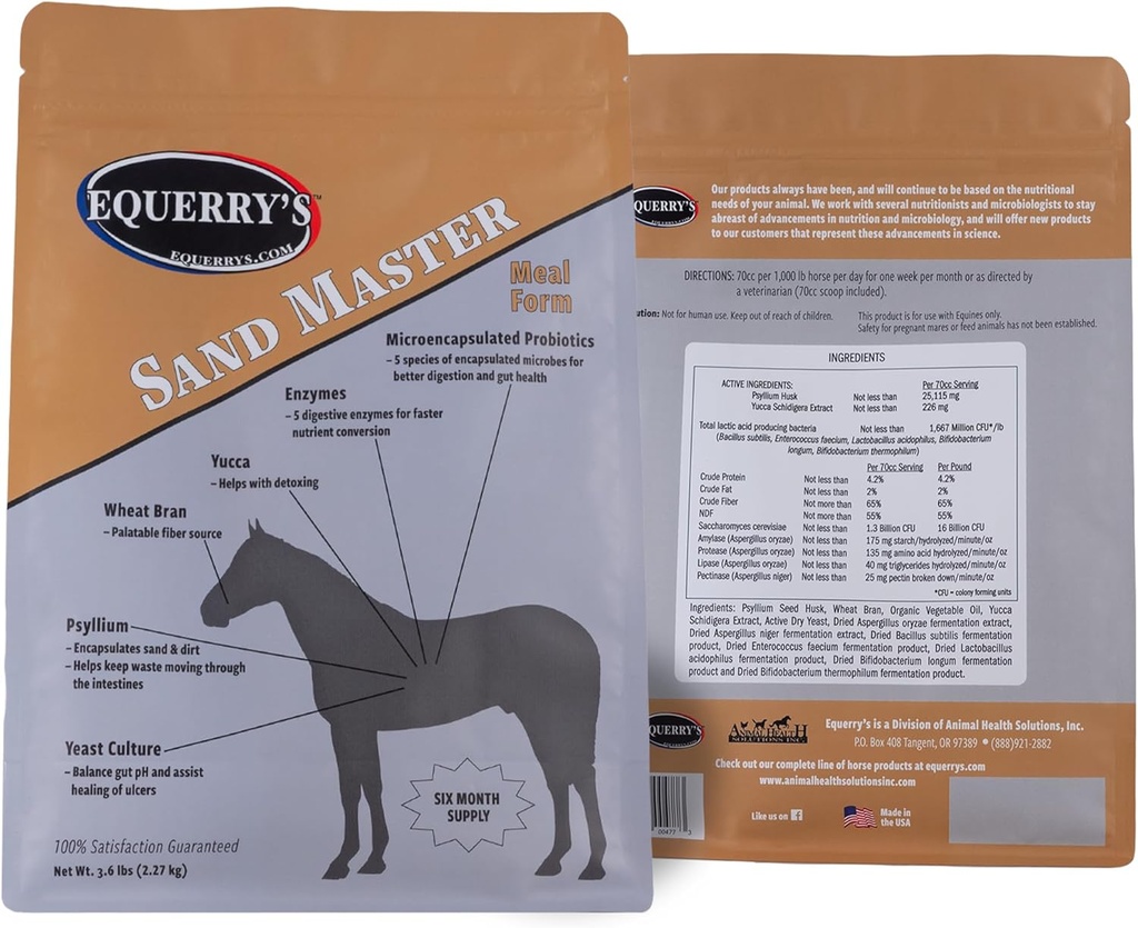 Equery's Sand Master Horse Supplement - 支持沙地清除和马的总体消化健康 – 支持马的 Fecal 清除 – Psyllium – Appetite 刺激 - 3.6lb