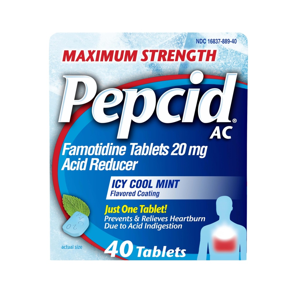 Pepcid AC 最大强度心脏灼伤救药片,OTC 药物 预防与释放 心脏灼伤 由于酸消化和酸胃, 20mg Famotidine酸还原剂, ICY Cool Mint, 40 cm