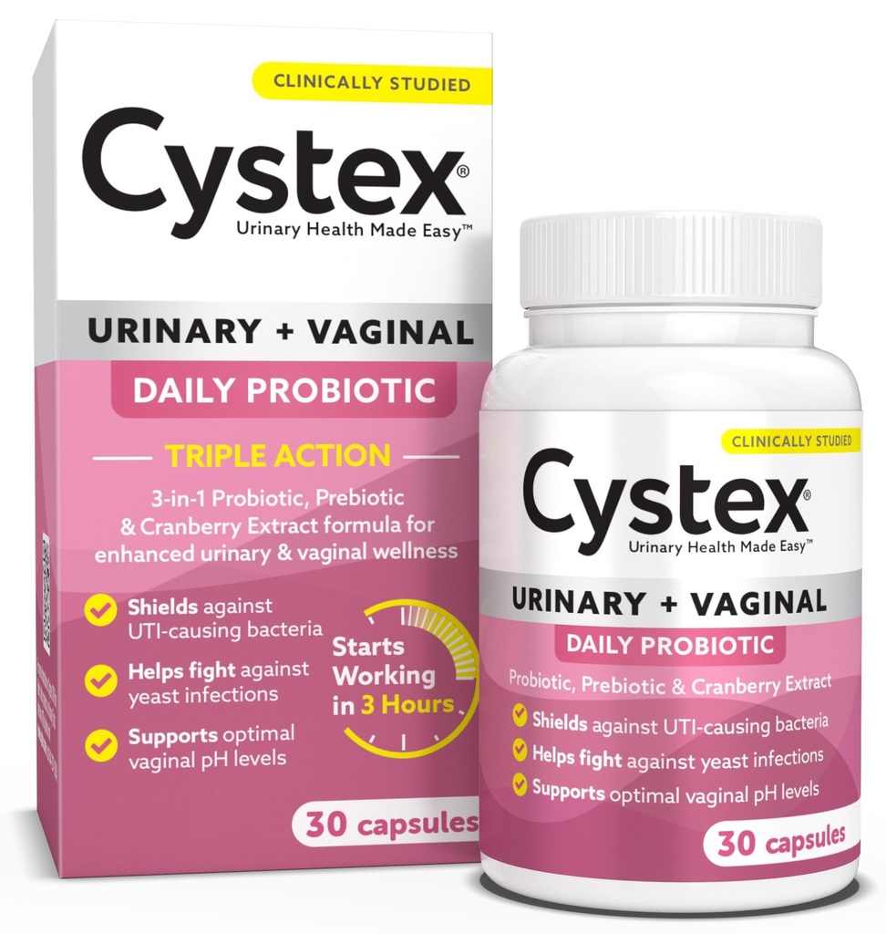 Cystex 3-in-1 Urinary Tract Probiotic for Women - 快速UTI和Yeast感染支持 预生,Probiotic, & Cranberry - 支持阴道pH和花量平衡 - 30 Capsules