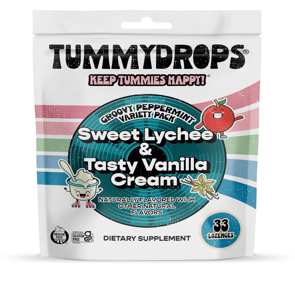 Tummithrops Groovy Peppermint Pack (Lychee & Tasty Vanilla Cream 的混合体). Gluten Free, Vegan, & Made with Organic Infediments, 33 个人包装 各种胡椒薄荷 Lozenges 在可回收袋中.