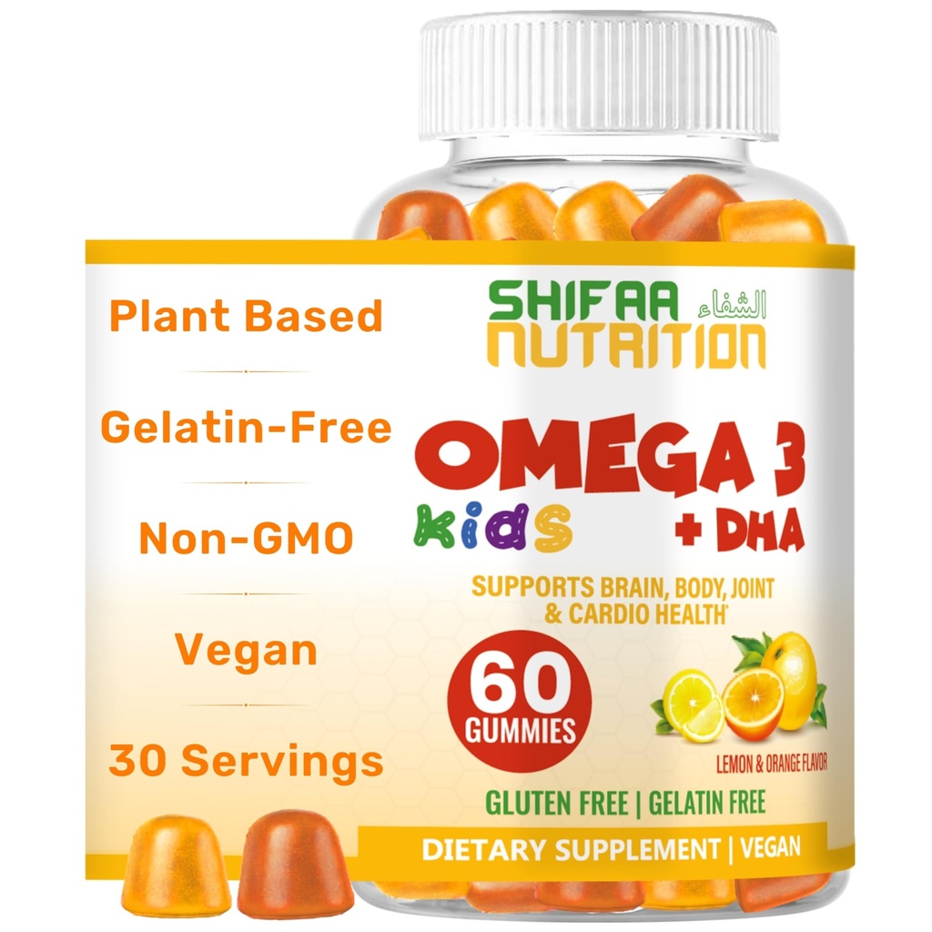 SHIFAA 营养 Halal Omega 3,用于有DHA Gummys的大脑发育,心脏和免疫支持,植物型,非GMO型,藻类型 DHA,Gluten & Gelatin型无菌儿童 Omega 3 Gummys,30种服务