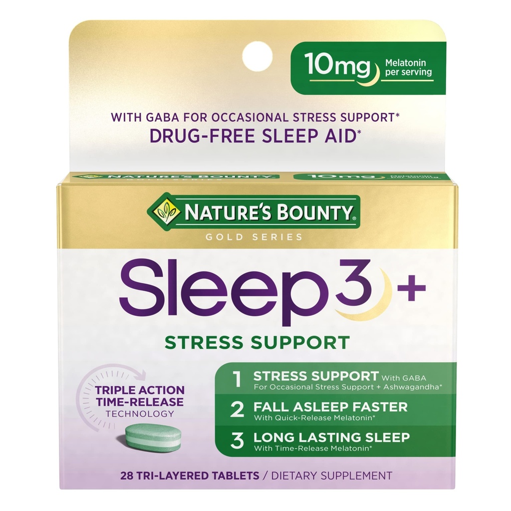 自然的丰盛睡眠+压力支持,睡眠3 最大强度100%无药睡眠援助,与Ashwagandha的饮食补充,时间释放技术,10mg,28 三叶片