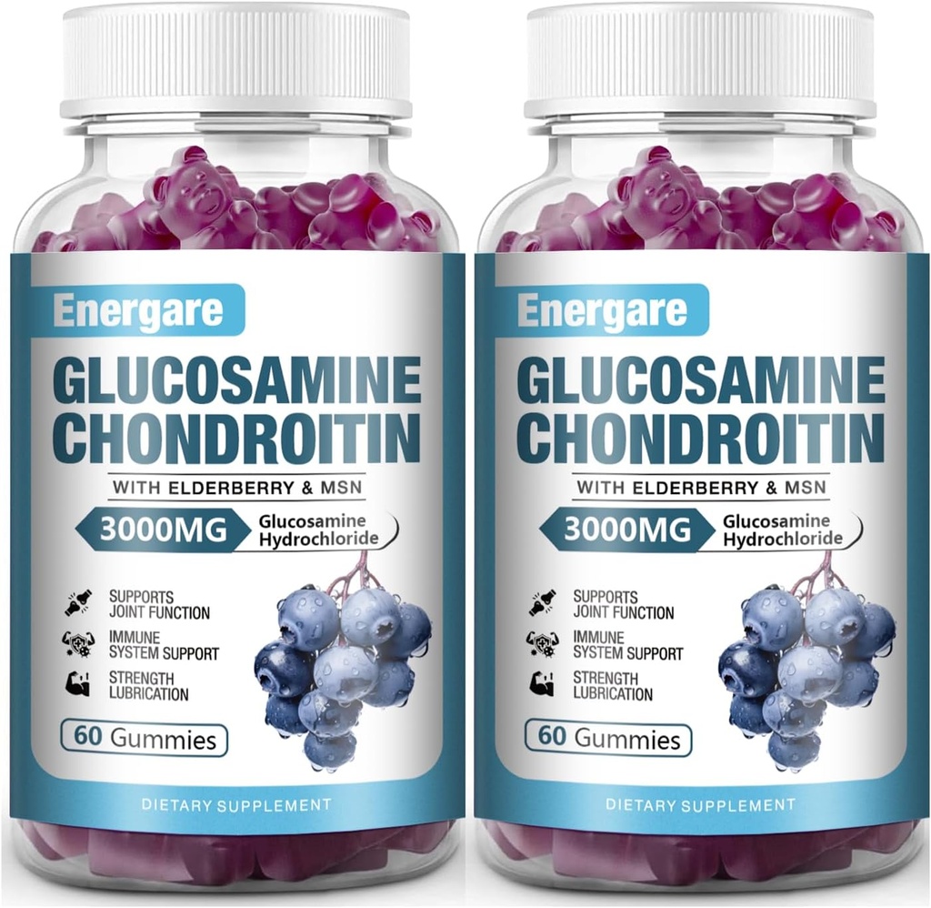 2 Pack 3000mg Glucosamine Chondroitin 配有MSM Gummys & Elderberry, 超强联合支持健康, 灵活性,抗氧化剂, 成人免疫补充Gummy, 男女120个计数