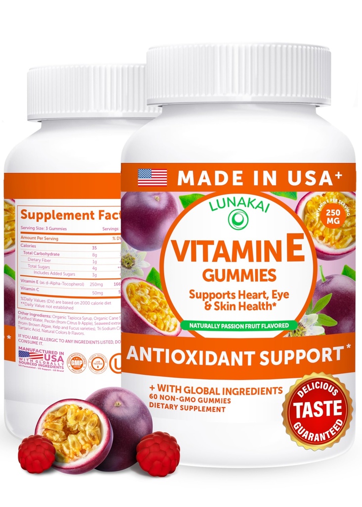 Lunakai USA 制作维生素E Gummys 400IU 配维生素C - 美味,Vegan,Non-GMO 每日皮肤和眼部支持补充品,60cmt