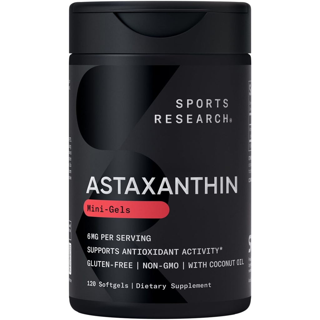 体育研究 三重强度 Astaxanthin 补充(6mg) 有机椰油用于抗氧化剂活动,皮肤和眼部健康支持 - 非GMO验证和胶质自由 - 120软胶