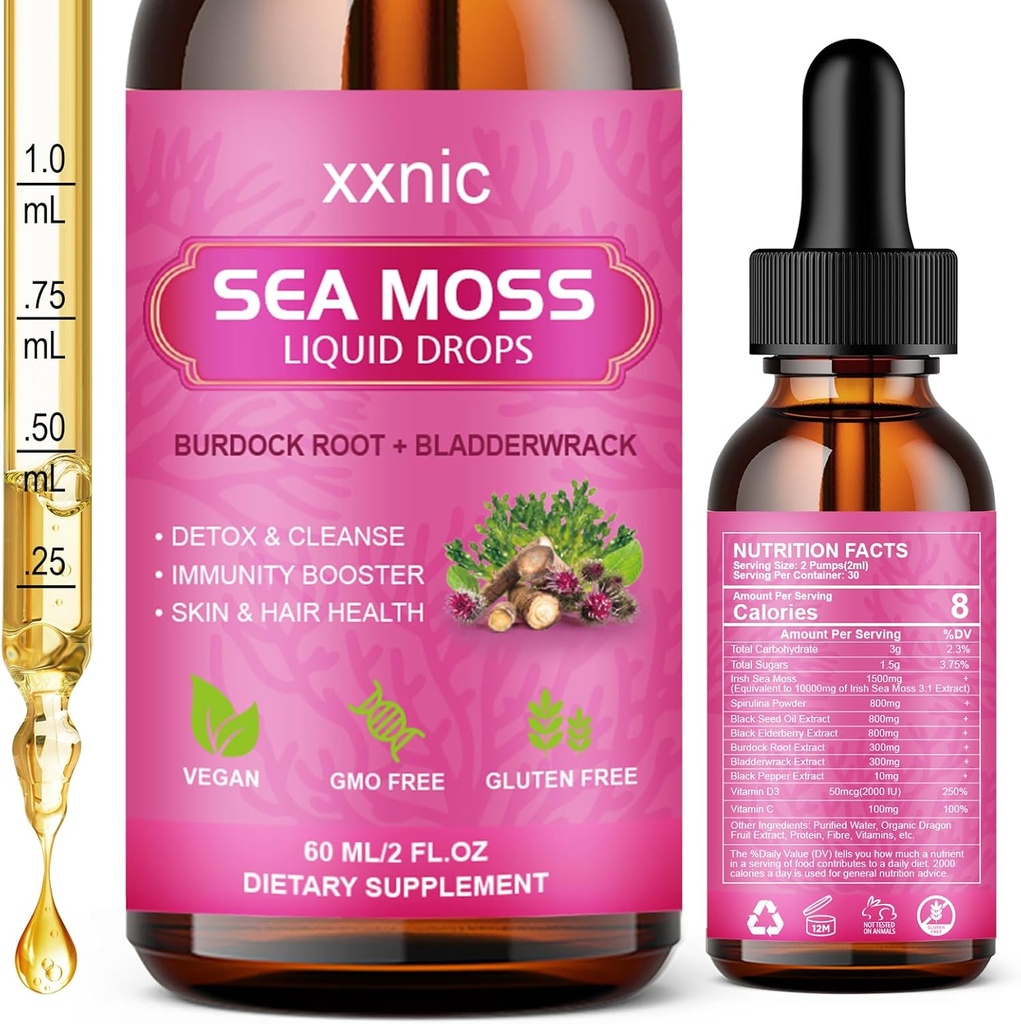 Sea Moss高级液滴,3000mg 有机海 Moss 与黑籽油和爱尔兰 Seamoss Gel 液滴, Raw Sea Moss 支持豁免,联合,消化健康,60mL-L8