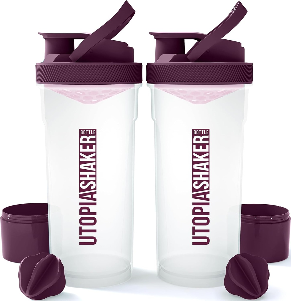 Utopia Home Shaker Bottle 2 Pack - 24 Ounce塑料蛋白或Cocktail Shaker Bottle 用于前和后工作,配有Twist & Lock Protein 盒存储(Clear/Plum)