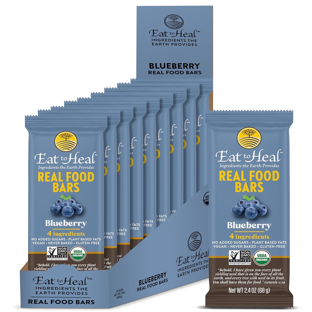 Eat ToHeal Blueberry Real Food Bar - 有机蛋白棒,Vegan食品,健康胶质自由蛋白食品 - 低糖蛋白棒,非转基因生物,永不烘焙,基于植物的有机肉饼 - 加工以享受