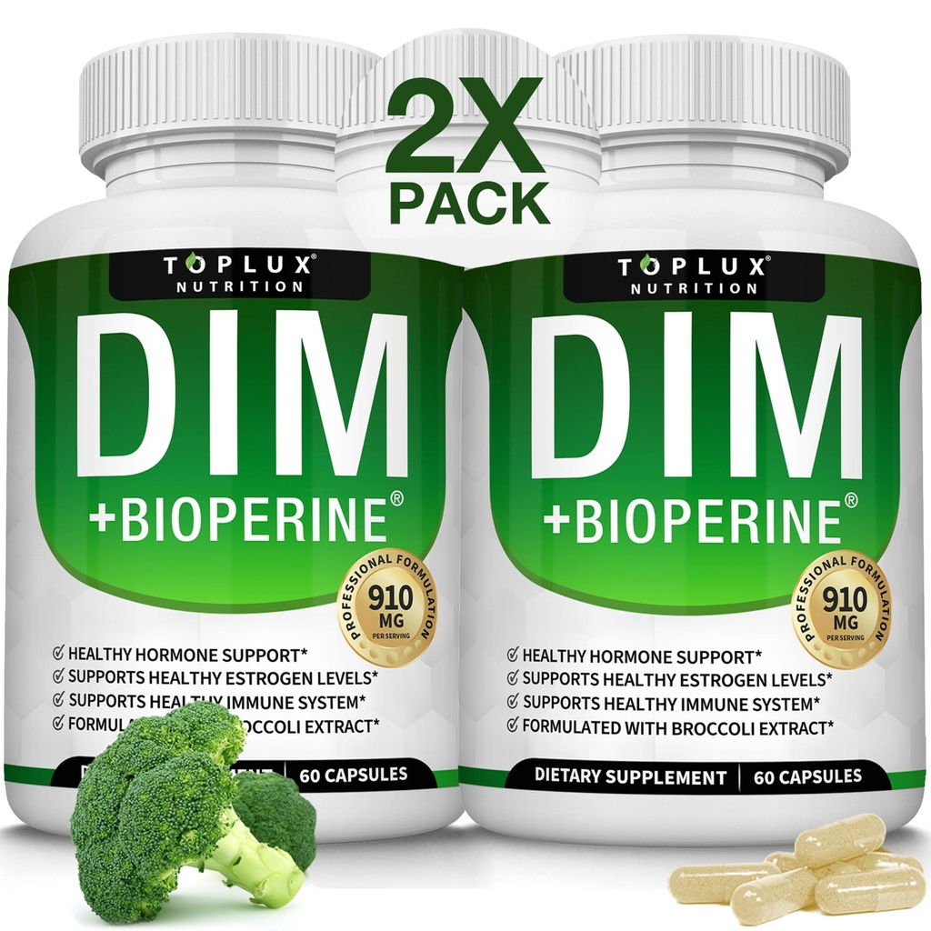 Dim 补充 910 mg + BioPerine Complex - 支持荷尔蒙平衡和雌激素代谢的Diindolylmethane, 帮助更年期Acne PCOS 更好的皮肤造型, 面向男性, 60 Capsules