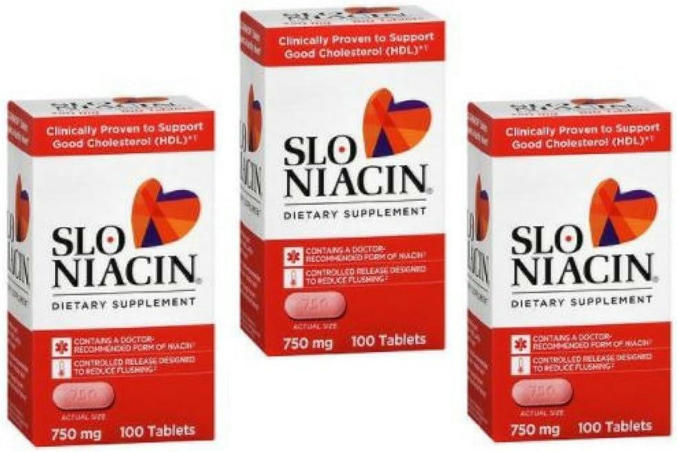 SLO-NIACIN 膳食补充剂 每日750毫克Niacin 维生素B 来自尼古丁酸 高吸附100片每瓶3