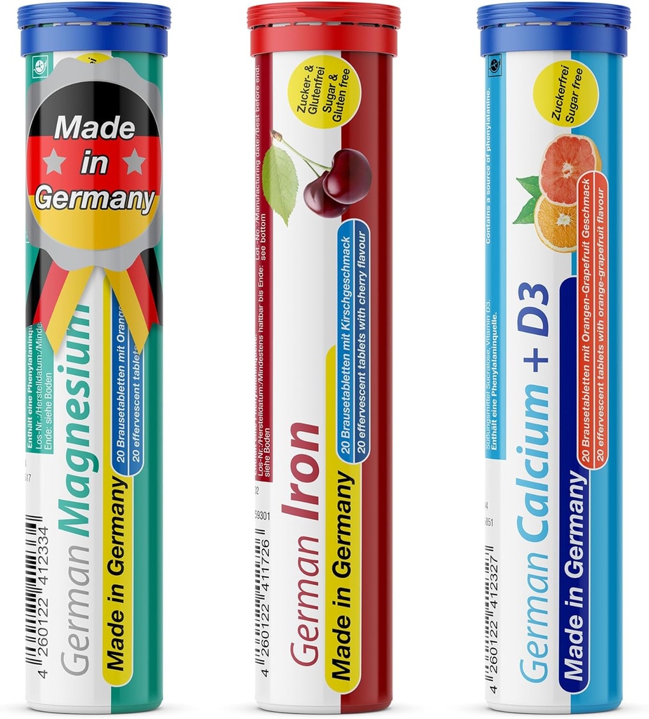 T&D 德国矿物加包装 60 服务 - Vegan, 零糖 - 饮料 Effervescent 片片 - 铁,钙,镁药 - 德国制造