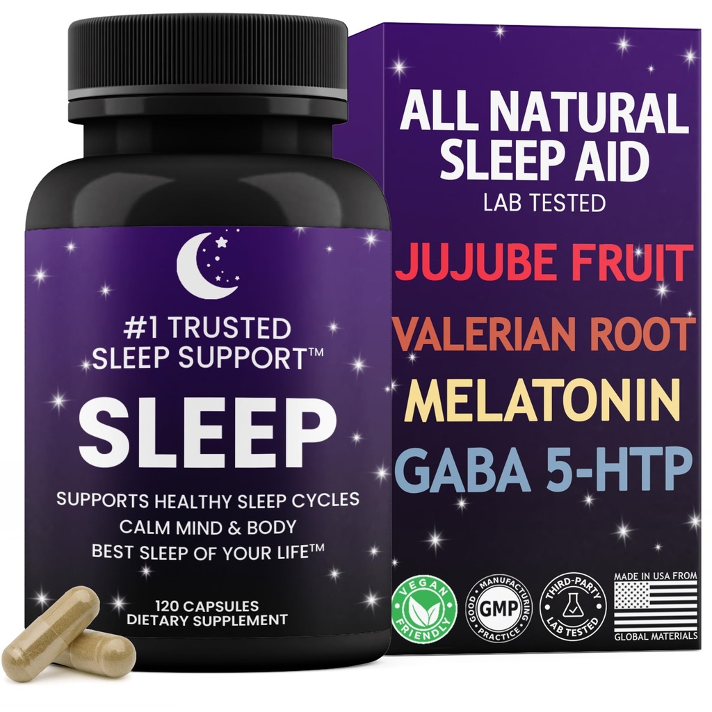 成人自然睡眠援助 最佳睡眠 你的生活 · · 瓦莱里安根 · · GABA · · 5- HTP · · · 梅拉托宁 · 120 非哈比人 · 组成 Capsules · 已测试