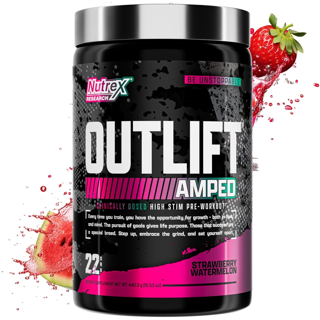 OutLIFT Ampped Max Dosed High STIM Pre Workout Power 6G Citrulline, 3.2G Beta Alanine, Alpha GPC, CognatiQ, Extreme Energy, Massive Pumps, 电解液(草莓西瓜, 22种服务)