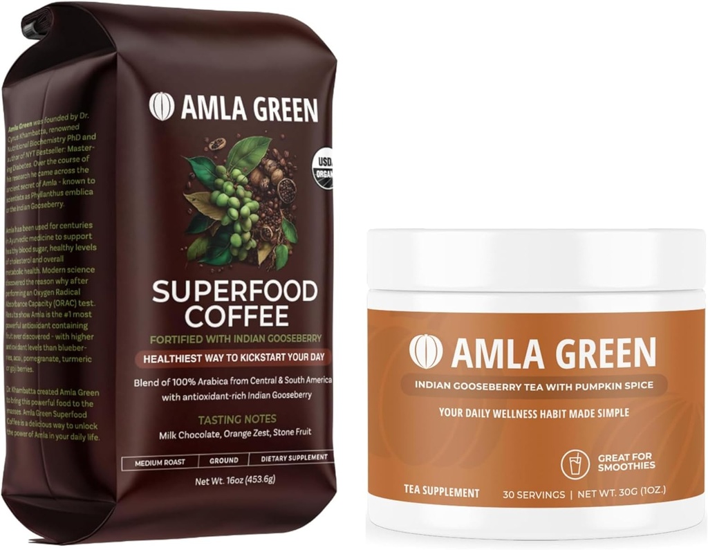 Amla 绿色有机地面超级食品 咖啡和Amla 粉末超级食品 配有南瓜辣椒,20x超集中的Amla