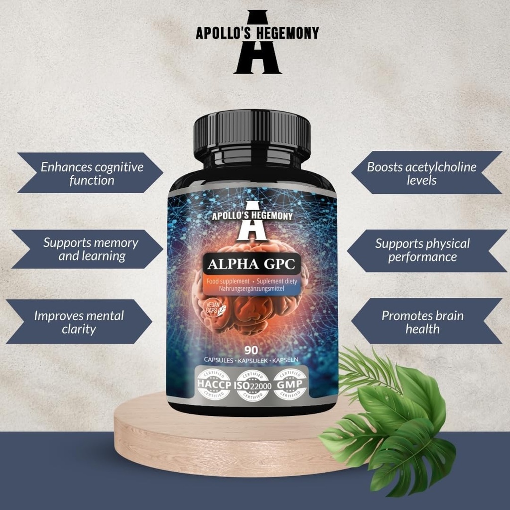 APOLLO的HEGEMONY Alpha-GPC 每日剂量600mg - 90 Vegan Choline Capsules - 99% Choline Alfoscerate 饮食补充 - Lipid Choline - 记忆和浓度 Capsules