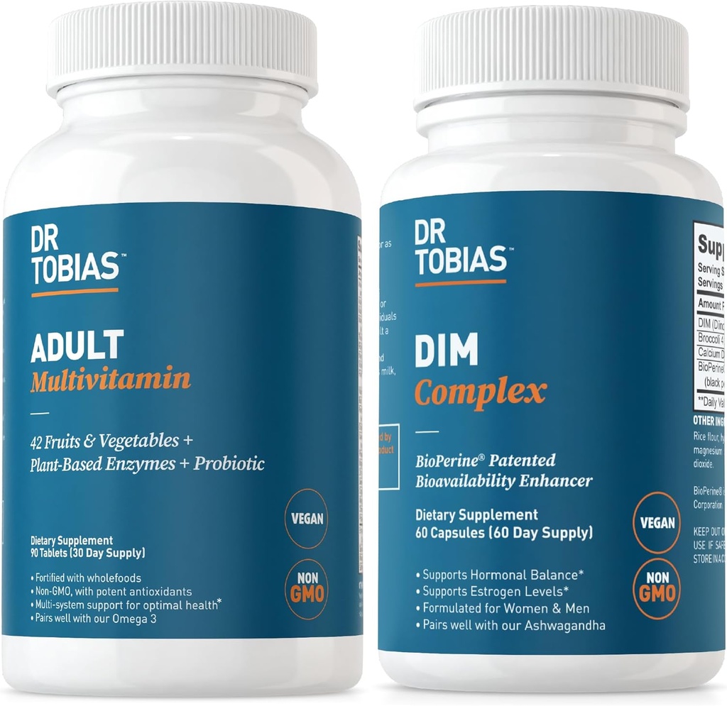 Tobias Adult Multivitamin & DIM Complex博士,支持男女的能源、免疫和荷尔蒙平衡,配有42种水果和蔬菜、生物牡蛎、布罗科利提取剂和钙、非GMO