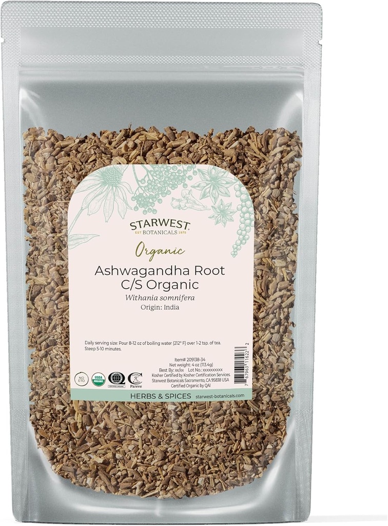 西星植物学 有机 Ashwagandha Root for Women & Men - Dried Herb for Tea, Capsules, & Natural Herbal Blends, Cut & Sifted, 认证科舍尔, Non-GMO - 4 oz 邮袋