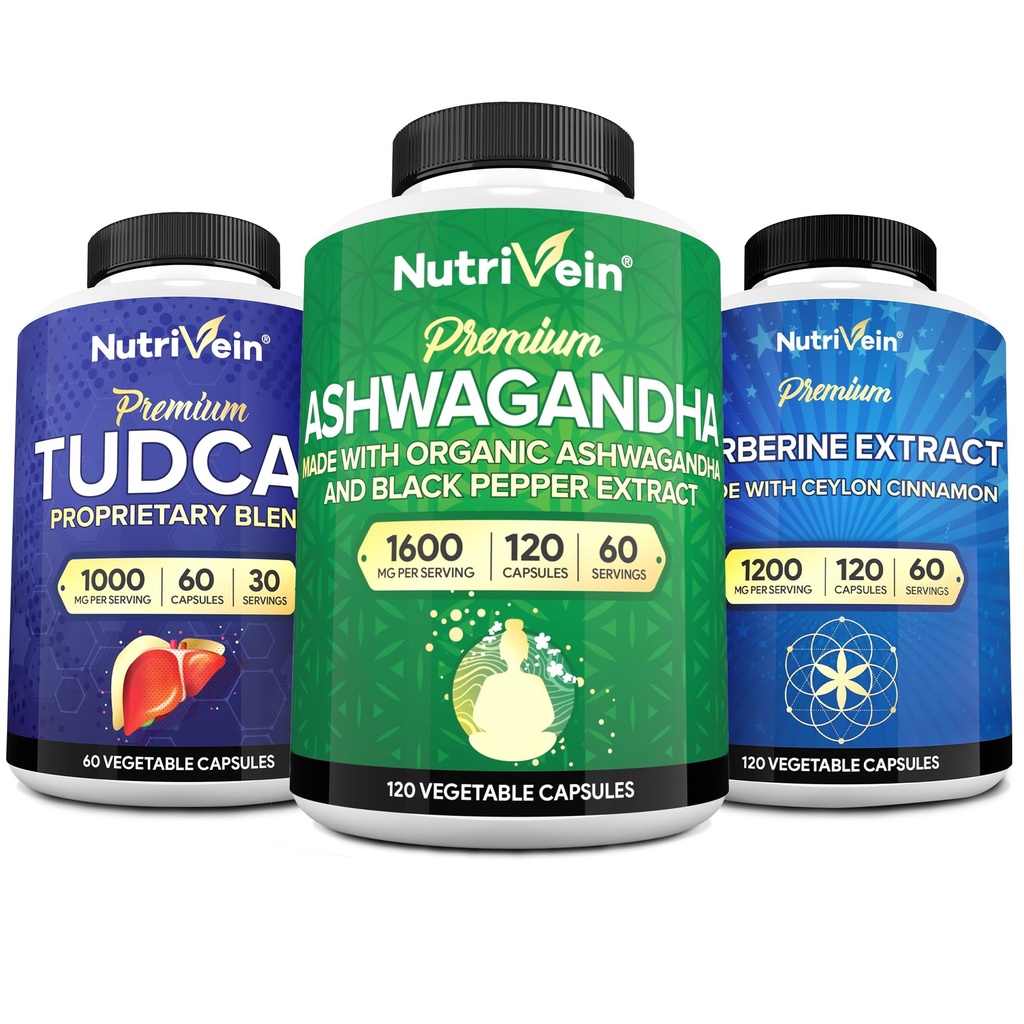 Nutrivein Premium TUDCA, Berberine 补充品和 Ashwagandha 补充品 Bundle: 高吸附性Berberine 综合体, Ashwagandha 根提取, & TUDCA 用于解毒、生命和健康