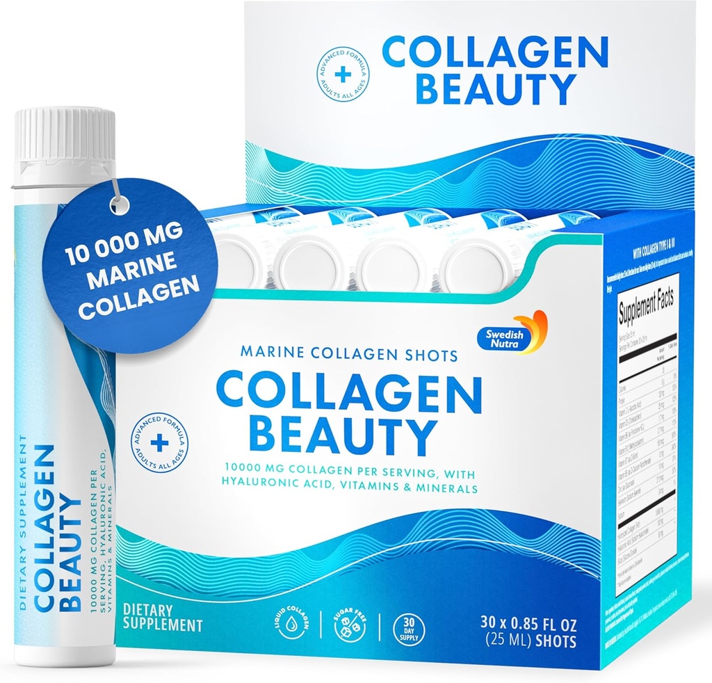 瑞典的Nutra - Collagen Beauty → 10,000 mg 水解海洋Collagen 液体补充剂 - 30 x 25 ml 每日射击 → Hyaluronic Acid and Vitamin C 支持健康头发,皮肤,钉子 → 无糖
