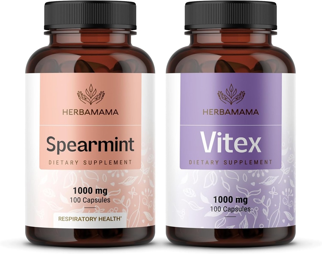 HERBAMAMA Spearmint和Vitex Kit - 1 000毫克Speammint Leaf和Vitex Chasteberry Capsules - Vegan,非GMO,无盖拉汀 - 2包