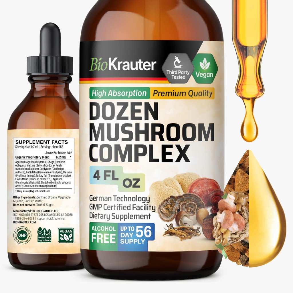 BIO KRAUTER 数十种蘑菇丁- 免疫支持补充剂 滴水 - 促进消化和认知支持 - 非GMO,液体豁免防御公式 - 4 fl. oz瓶