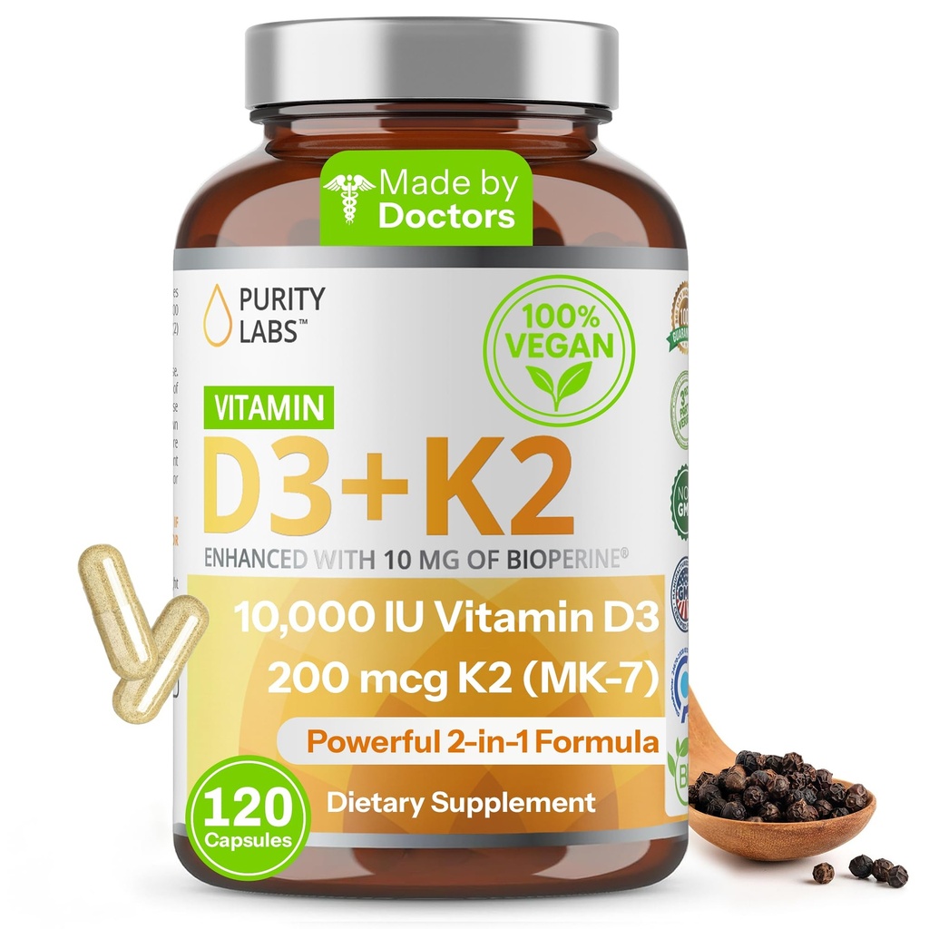 纯度实验室 维生素D3 K2 10000 IU, (250mcg) D3 + 200mcg K2 MK7 - 用生物丙烯增强免疫支持补充 - 日常防御,骨骼,肌肉和皮肤健康补充 - 120 Capsules