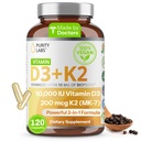 纯度实验室 维生素D3 K2 10000 IU, (250mcg) D3 + 200mcg K2 MK7 - 用生物丙烯增强免疫支持补充 - 日常防御,骨骼,肌肉和皮肤健康补充 - 120 Capsules