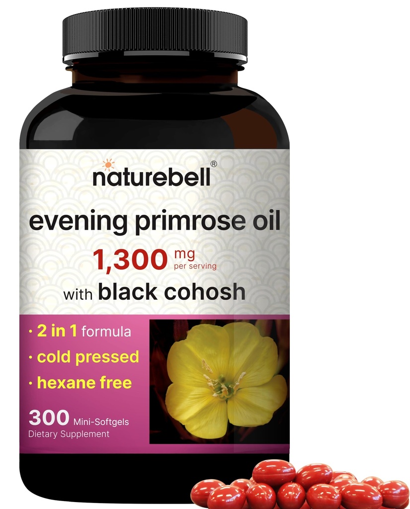 NatureBell Evening Primrose Oil with Black Cohosh, 1 300 mg Per Service, 300 mini-Softgels QQ冷压种子, 保留130 mg GLA 支持妇女健康和皮肤护理 — Hexanne Free, 非GMO