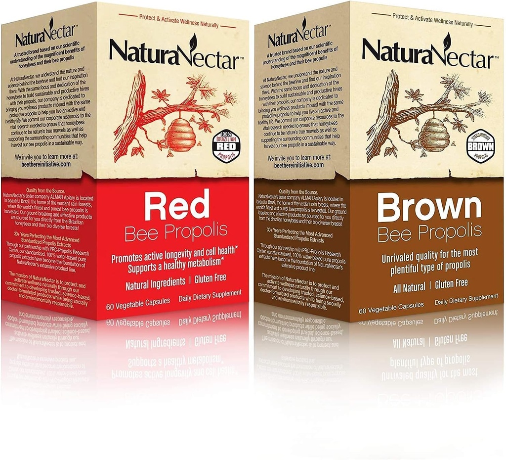 NaturaNectar 天然蜜蜂 Propolis Bundle - 红色 Propolis and Brown Propolis - 用于免疫支持,呼吸卫生和健康代谢 - 每瓶60卡普尔.