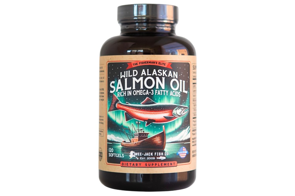野生阿拉斯加沙门鱼油 Omega 3 补充人类 | EPA 和 DHA Kwee-Jack Fish Co. 120 Softgels 1000mg 沙门油