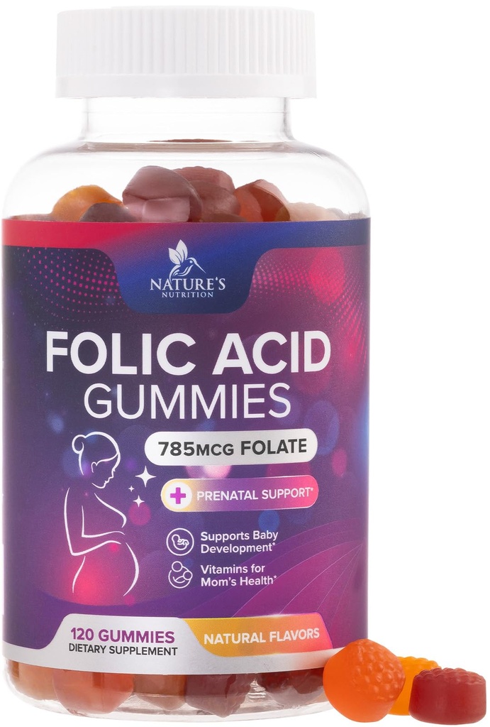 女性的叶酸乳胶 785 mcg,母亲和婴儿的产前基本维生素,Vegan Folic Supplement Gummy,每日维生素B9 孕前的超强Flate - 120 Gummys