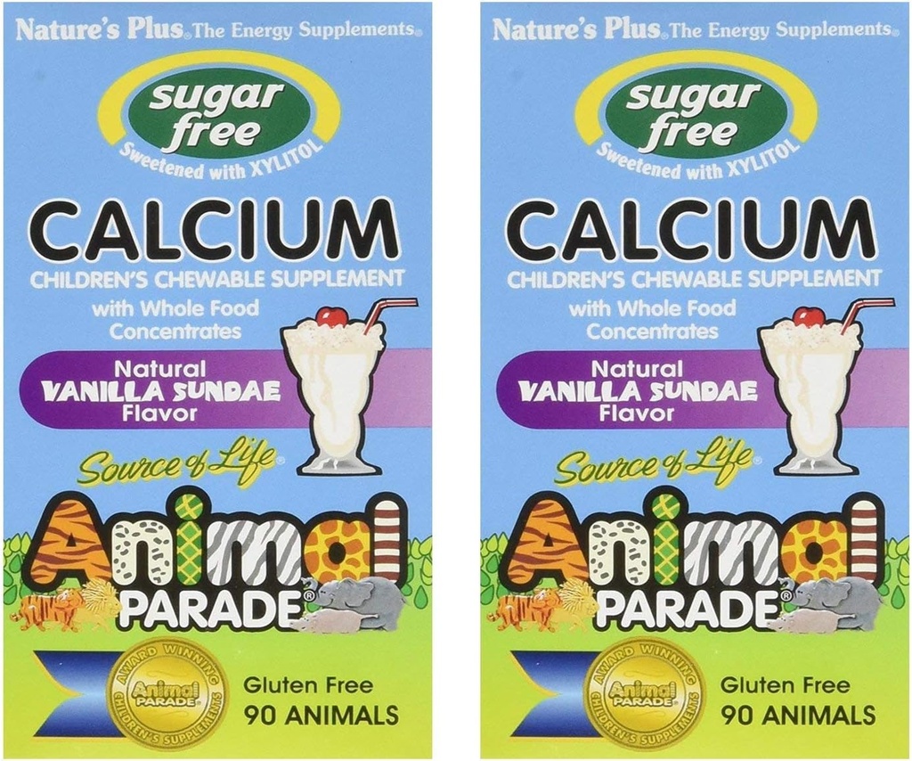 NaturesPlus 动物游行 无糖儿童钙,Vanilla Sundae Flavor - 90 化学动物形状片,包2 - 镁促进骨质健康 - Gluten Free - 90 服务