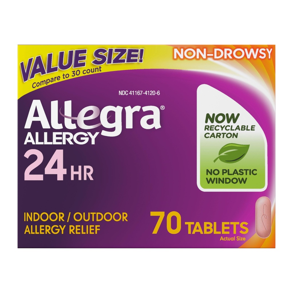 Allegra 成人24小时过敏药片、非昏睡室内和室外过敏药片、180毫克Fexofenadine HCI 抗希斯泰胺药片,70-哥伦比亚