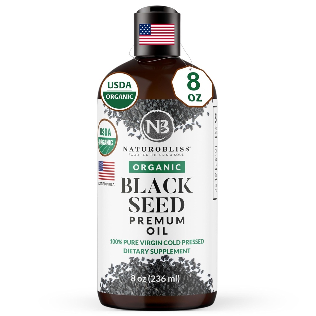 NaturoBliss 有机黑种子油 100 处女冷压 Omega 3 6 9 超抗氧化剂用于免疫支持,联合,流动,文摘,毛皮Vegan,无胶质,非GMO USDA认证 8oz