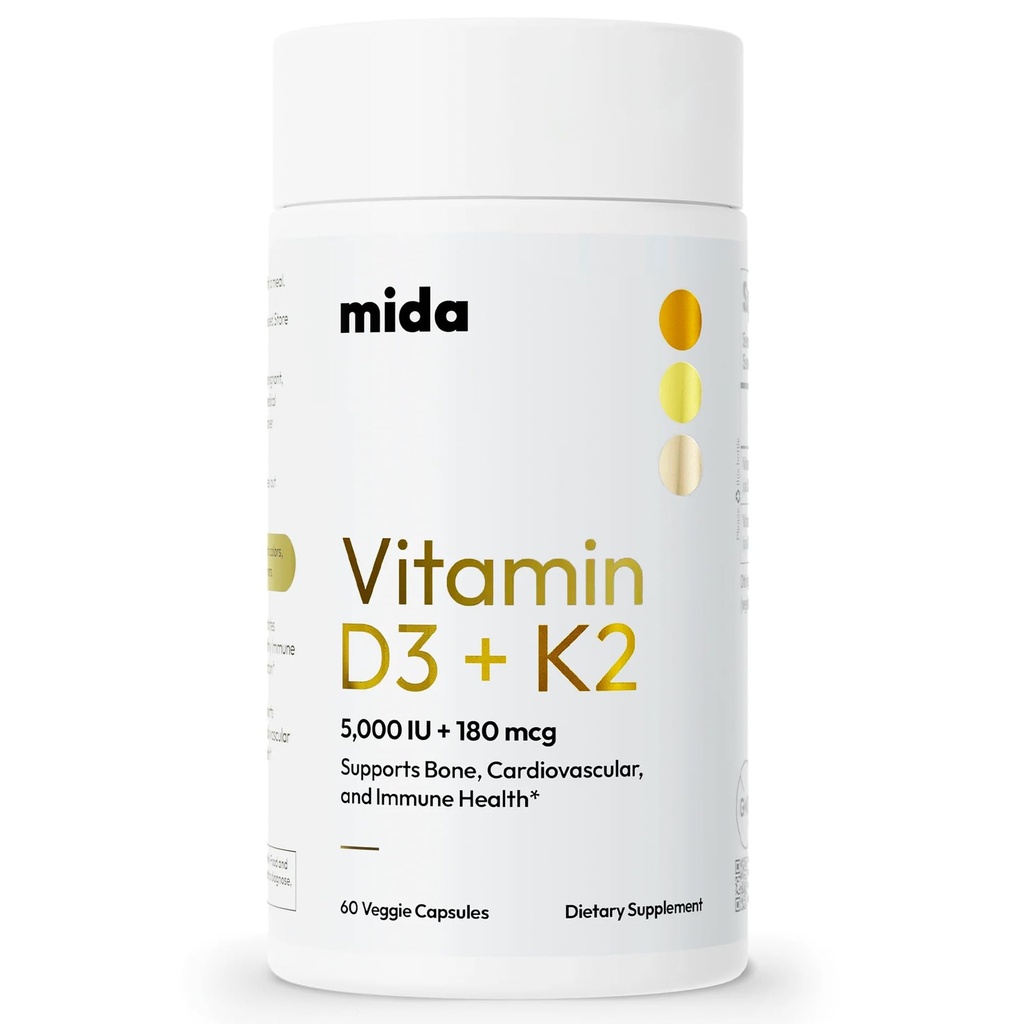 Mida Health D3 K2 Vitamin 5000 IU,配以MK-7 骨,心,和免疫支持的自然补充 | 成人 Vegan Capsules | 60服务