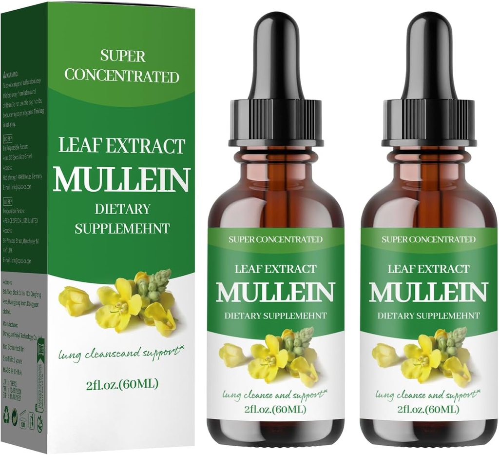 Mullein Drops for Lungs, Mullein 叶片提取 - 支持Lung Cleanse - 成人有机自然补充,Tincture Drops QQN-GMO,蔬菜健康生活方式 - (2Pack)