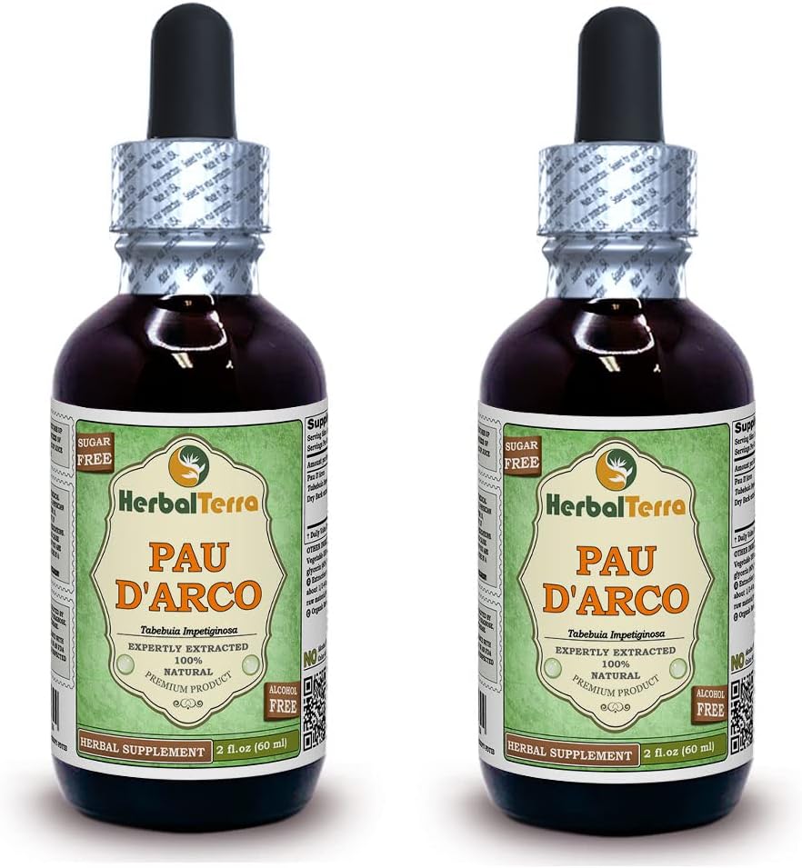 PAU d'arco (Tabebuia impetiginosa) 甘油酸,干巴克无酒精液体提取剂(Brand name: Herbalterra, proudly made in USA) 2x2 fl.oz (2x60 ml)