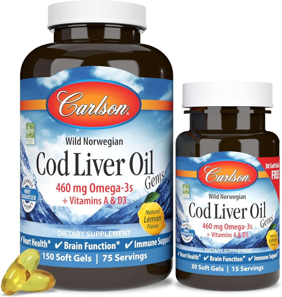 Carlson - Cod Liver Oil Gems, 460 mg Omega-3s + 维生素A & D3, Wild-Caught 挪威北极Cod Liver Oil, 可持续来源的北欧鱼油盖,柠檬,180软胶