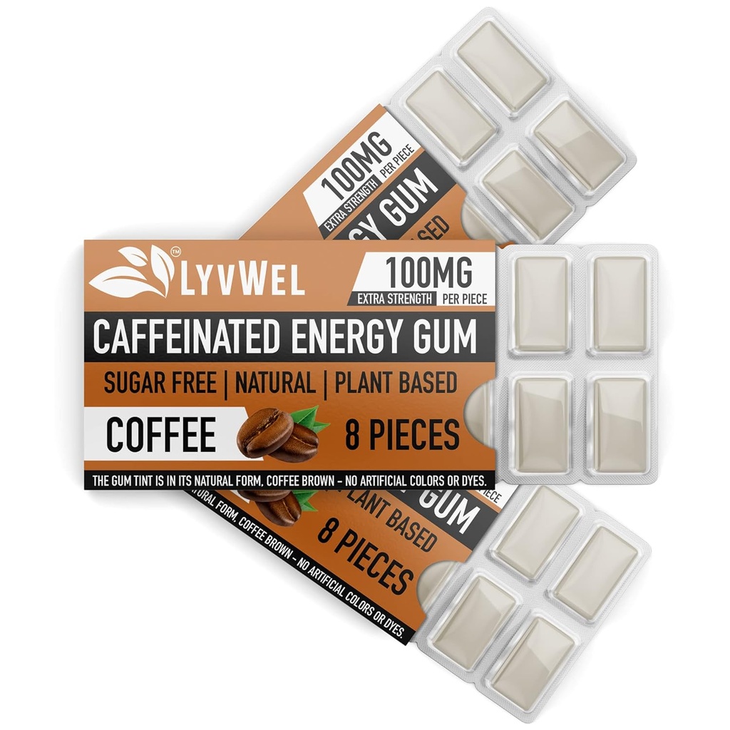 LyvWel Energy Gum – 每宝石100mg Cafeine – All Natural – Sugar-Free Pre-Working Boost: 您的必需能量补充剂以保持清醒 - 3 pack(咖啡)