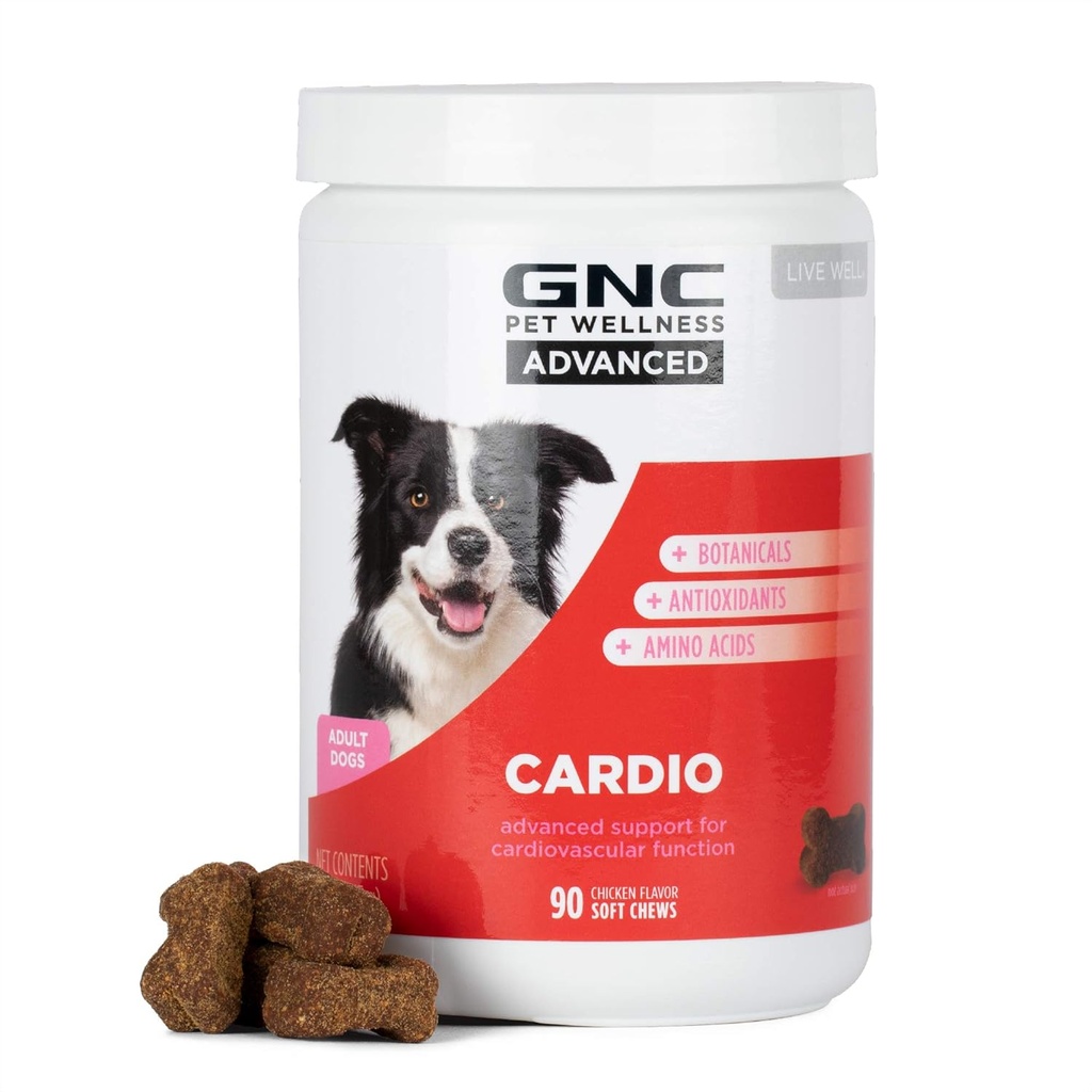 GNC 宠物高级犬类补充,心血管支持和心肺健康 狗肉 软宠物补充,美国制造,心肌维生素和易用 胆小狗基本原理,90 Counter